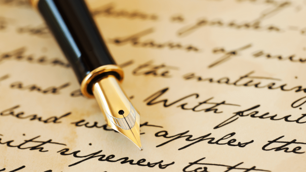 A pen sitting on a book with cursive writing.