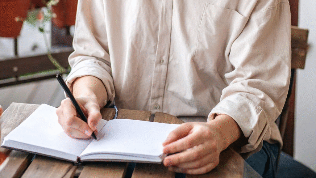 Hands holding a book and pen while writing.