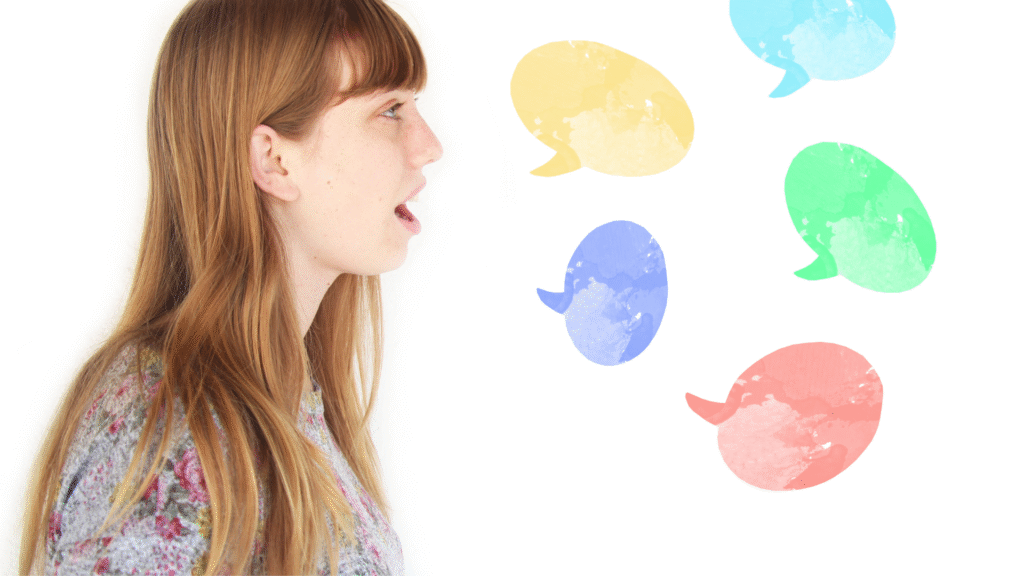 A girl opening her mouth with speech bubbles coming out in different colors like blue, green, red and yellow.