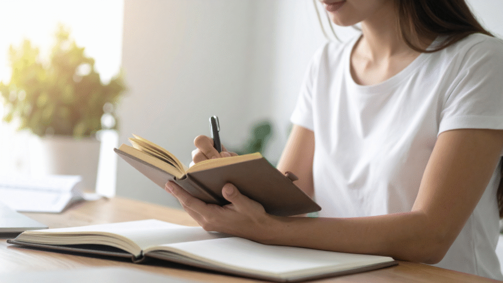 A woman holding a notebook and pen.